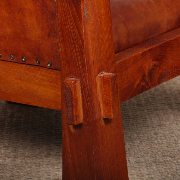 Pair of solid wood and leather armchairs from the 1980s - 