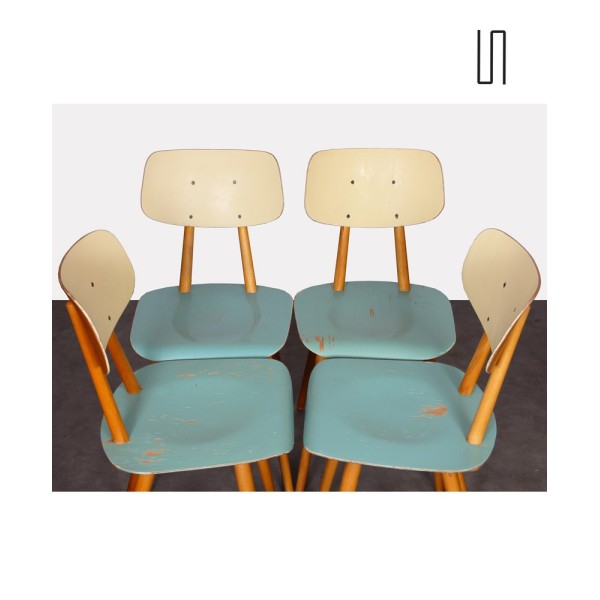 Suite de 4 chaises bleues produites par Ton, 1960 - Design d'Europe de l'Est
