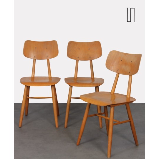 Suite of 3 vintage wooden chairs produced by Ton, 1960s