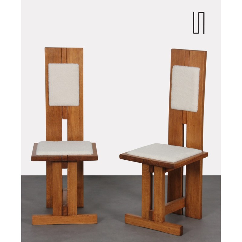 Pair of high chairs in wood and lambskin, Czech manufacture, 1950s