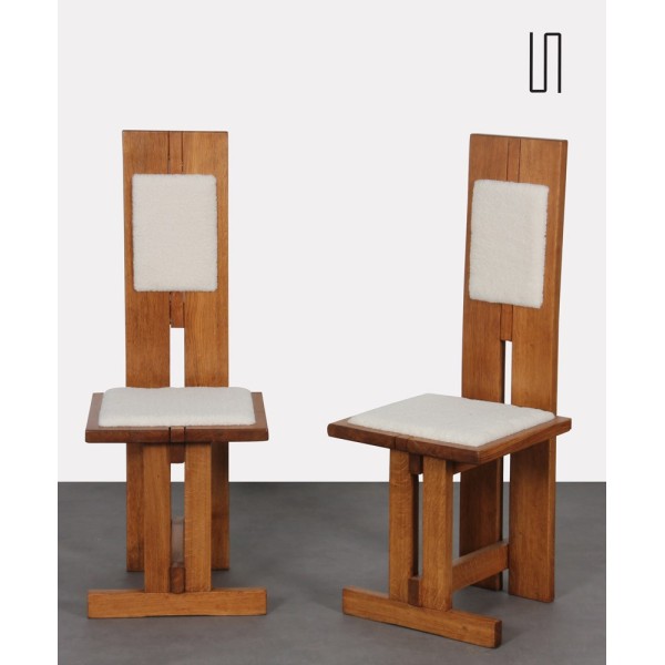 Paire de chaises hautes en bois et peau agneau, fabrication tchèque, 1950 - Design d'Europe de l'Est