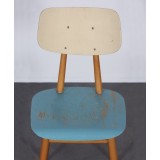 Vintage wooden chair with blue seat, edited by Ton, 1960