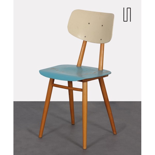 Vintage wooden chair with blue seat, edited by Ton, 1960 - Eastern Europe design