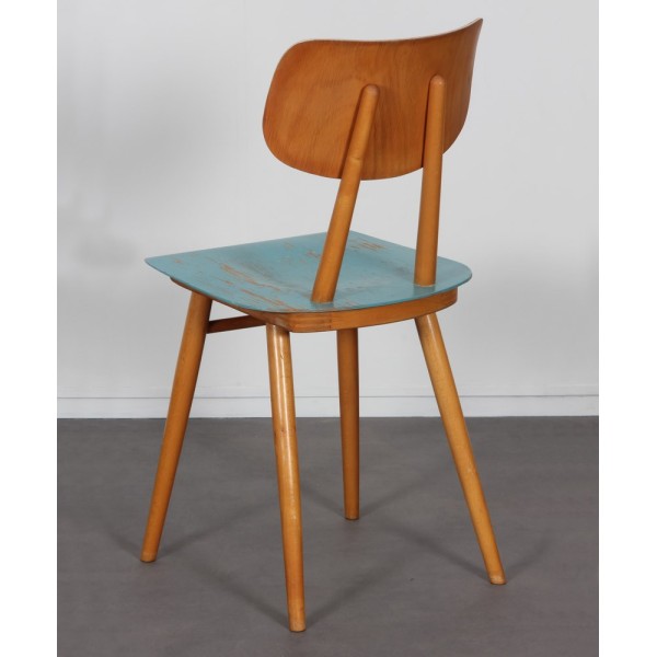 Vintage wooden chair with blue seat edited by Ton 1960